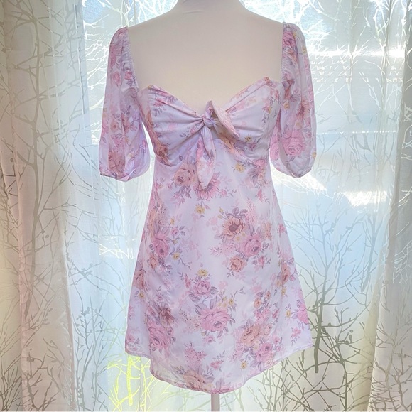 SOFIA THE LABEL white pink floral print GG tie front puffy sleeve mini dress - Picture 3 of 12